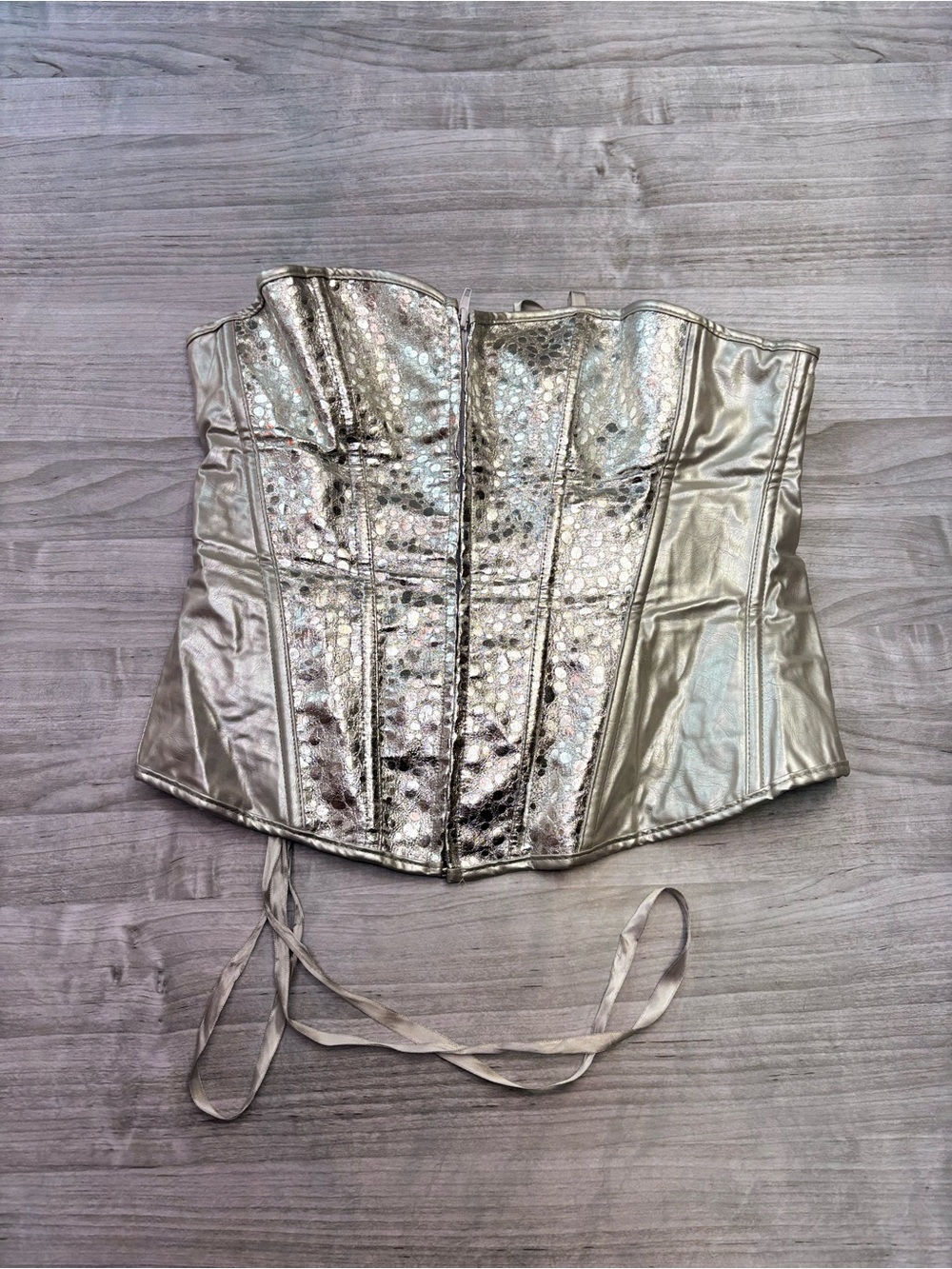 Silver Metallic Zipper Front Corset Top - Women's Strapless Bustier Size XLarge